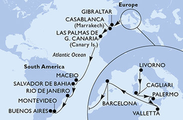 Taliansko, Malta, Španielsko, Gibraltár, Maroko, Brazília, Uruguaj, Argentína z Livorna na lodi MSC Splendida