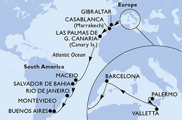 Taliansko, Malta, Španielsko, Gibraltár, Maroko, Brazília, Uruguaj, Argentína z Palerma na lodi MSC Splendida