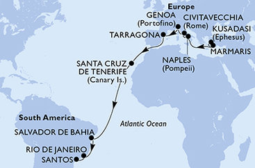 Turecko, Taliansko, Tarragona, Španielsko, Brazília z Kusadasi na lodi MSC Divina
