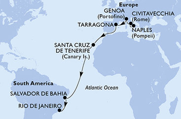 Taliansko, Tarragona, Španielsko, Brazília z Neapolu na lodi MSC Divina