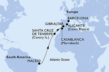 Brazília, Španielsko, Maroko, Gibraltár z Maceia na lodi MSC Divina