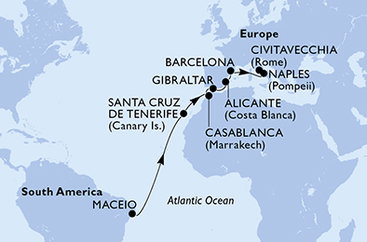 Brazília, Španielsko, Maroko, Gibraltár, Taliansko z Maceia na lodi MSC Divina