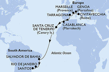 Taliansko, Francúzsko, Tarragona, Maroko, Španielsko, Brazília z Civitavechie na lodi MSC Musica