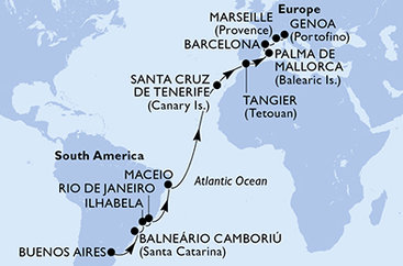 Argentína, Brazília, Španielsko, Maroko, Francúzsko, Taliansko z Buenos Aires na lodi MSC Fantasia