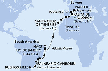 Argentína, Brazília, Španielsko, Maroko, Francúzsko z Buenos Aires na lodi MSC Fantasia