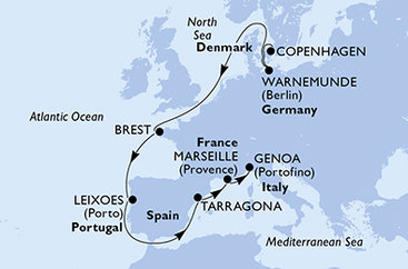 Dánsko, Nemecko, Francie, Portugalsko, Tarragona, Francúzsko, Taliansko z Kodaně na lodi MSC Magnifica
