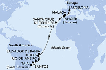 Španielsko, Maroko, Brazília z Barcelony na lodi MSC Lirica