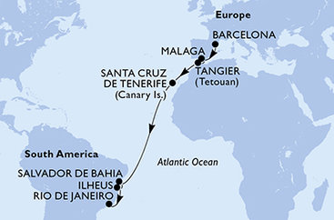 Španielsko, Maroko, Brazília z Barcelony na lodi MSC Lirica