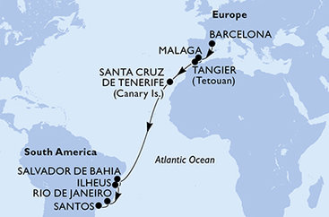 Španielsko, Maroko, Brazília z Barcelony na lodi MSC Lirica