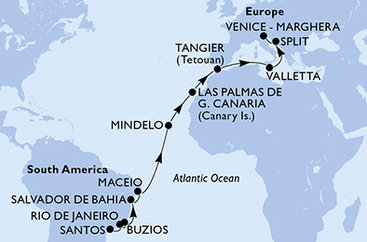 Brazília, Kapverdy, Španielsko, Maroko, Malta, Chorvátsko, Taliansko zo Santosu na lodi MSC Lirica