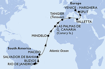 Brazília, Kapverdy, Španielsko, Maroko, Malta, Chorvátsko, Taliansko z Rio de Janeira na lodi MSC Lirica