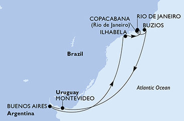 Uruguaj, Argentína, Brazília z Montevidea na lodi MSC Splendida