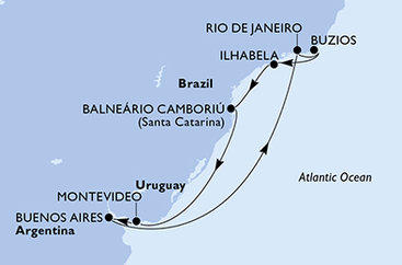 Argentína, Brazília, Uruguaj z Buenos Aires na lodi MSC Splendida