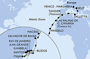 Brazília, Kapverdy, Španielsko, Maroko, Malta, Chorvátsko, Taliansko na lodi MSC Lirica