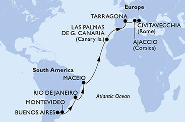Uruguaj, Argentína, Brazília, Španielsko, Tarragona, Francúzsko, Taliansko z Montevidea na lodi MSC Splendida