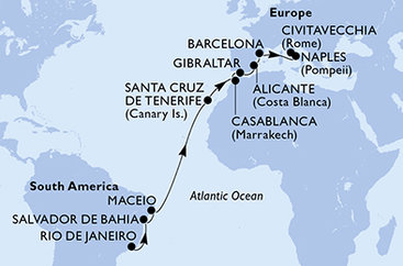 Brazília, Španielsko, Maroko, Gibraltár, Taliansko z Rio de Janeira na lodi MSC Divina