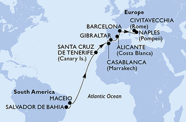 Brazília, Španielsko, Maroko, Gibraltár, Taliansko zo Salvadoru na lodi MSC Divina
