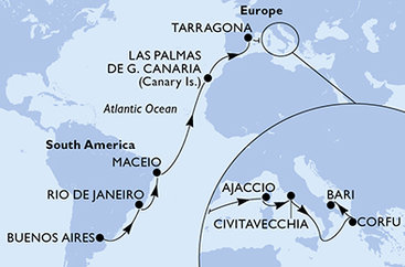 Argentína, Brazília, Španielsko, Tarragona, Francúzsko, Taliansko, Grécko z Buenos Aires na lodi MSC Splendida