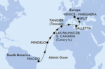 Brazília, Kapverdy, Španielsko, Maroko, Malta, Chorvátsko, Taliansko z Maceia na lodi MSC Lirica