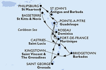 Martinik, Guadeloupe, Antigua a Barbuda, Svatý Martin, Svätý Krištof a Nevis, Dominika, Svätá Lucia, Barbados, Svätý Vincent a Grenadiny, Grenada z Fort de France na lodi MSC Seaview Martinik, Guadeloupe, Antigua a Barbuda, Svatý Martin, Svätý Krištof a Nevis, Dominika, Svätá Lucia, Barbados, Svätý Vincent a Grenadiny, Grenada z Fort de France na lodi MSC Seaview