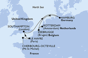 Francie, Veľká Británia, Nemecko, Belgicko, Holandsko z Cherbourgu na lodi MSC Preziosa