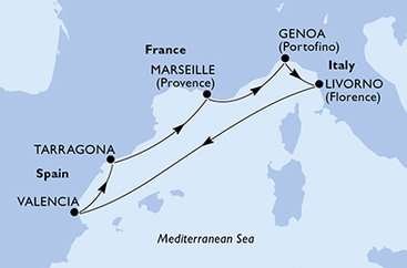 Španielsko, Tarragona, Francúzsko, Taliansko z Valencie na lodi MSC Sinfonia