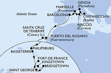 Taliansko, Francúzsko, Španielsko, Svatý Martin, Svätý Krištof a Nevis, Svätý Vincent a Grenadiny, Barbados, Grenada, Martinik z Janova na lodi MSC Seaview