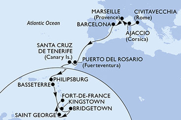 Taliansko, Francúzsko, Španielsko, Svatý Martin, Svätý Krištof a Nevis, Svätý Vincent a Grenadiny, Barbados, Grenada, Martinik z Civitavechie na lodi MSC Seaview