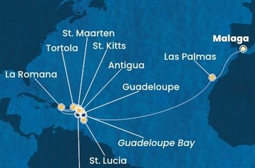 Španielsko, Guadeloupe, Svatý Martin, Dominikánska republika, Svätá Lucia, Antigua a Barbuda, Svätý Krištof a Nevis, Britské Panenské ostrovy z Málagy na lodi Costa Fascinosa