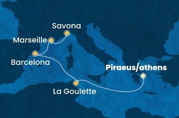 Grécko, Tunisko, Španielsko, Francúzsko, Taliansko z Pireusu na lodi Costa Fortuna