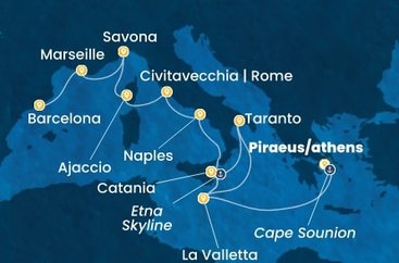 Grécko, Malta, Taliansko, Francúzsko, Španielsko z Pireusu na lodi Costa Serena