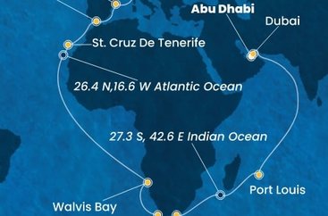 Spojené arabské emiráty, Maurícius, Juhoafrická republika, Namíbia, Španielsko, Gibraltár, Taliansko z Abu Dhabi na lodi Costa Smeralda