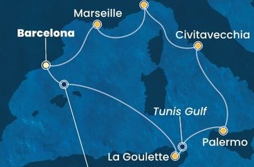 Španielsko, Tunisko, Taliansko, Francúzsko z Barcelony na lodi Costa Smeralda
