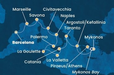 Španielsko, Francúzsko, Taliansko, Tunisko, Malta, Kefalonie, Grécko z Barcelony na lodi Costa Fascinosa