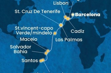 Španielsko, Portugalsko, Kapverdy, Brazília z Barcelony na lodi Costa Diadema