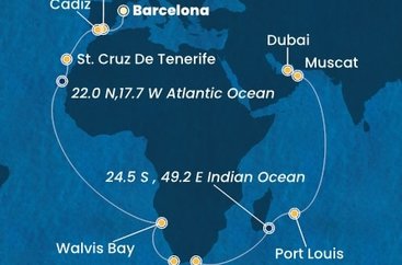 Španielsko, Namíbia, Juhoafrická republika, Maurícius, Omán, Spojené arabské emiráty z Barcelony na lodi Costa Smeralda