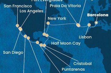 Španielsko, Portugalsko, z Praia da Vitória, USA, Bahamy, Panama, Kostarika, Guatemala, Mexiko z Barcelony na lodi Costa Deliziosa