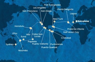 Španielsko, Portugalsko, z Praia da Vitória, USA, Bahamy, Panama, Kostarika, Guatemala, Mexiko, Francouzská Polynésie, Fiji, Nová Kaledonie, Austrália z Barcelony na lodi Costa Deliziosa