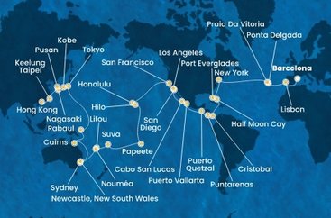 Španielsko, Portugalsko, z Praia da Vitória, USA, Bahamy, Panama, Kostarika, Guatemala, Mexiko, Francouzská Polynésie, Fiji, Nová Kaledonie, Austrália, Papua Nová Guinea, Japonsko, Južná Kórea, Tchaj-wan, Čína z Barcelony na lodi Costa Deliziosa