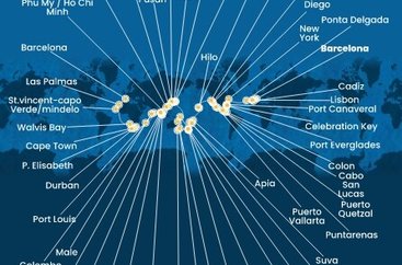 Španielsko, Portugalsko, USA, Bahamy, Panama, Kostarika, Guatemala, Mexiko, Samoa, Fiji, Tonga, Nový Zéland, Austrália, Papua Nová Guinea, Japonsko, Južná Kórea, Tchaj-wan, Čína, Vietnam, Singapur, Malajzia, Thajsko, Srí Lanka, Maledivy, Maurícius, Juhoafrická republika, Namíbia, Kapverdy z Barcelony na lodi Costa Deliziosa