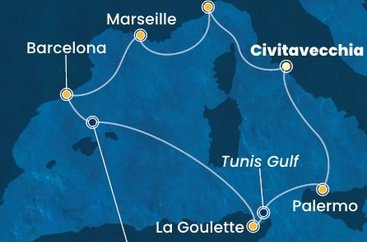 Taliansko, Francúzsko, Španielsko, Tunisko z Civitavechie na lodi Costa Toscana