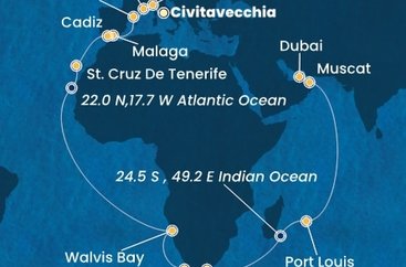 Taliansko, Francúzsko, Španielsko, Namíbia, Juhoafrická republika, Maurícius, Omán, Spojené arabské emiráty z Civitavechie na lodi Costa Smeralda