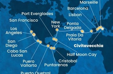 Taliansko, Francúzsko, Španielsko, Portugalsko, z Praia da Vitória, USA, Bahamy, Panama, Kostarika, Guatemala, Mexiko z Civitavechie na lodi Costa Deliziosa