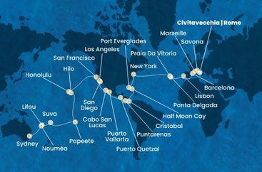 Taliansko, Francúzsko, Španielsko, Portugalsko, z Praia da Vitória, USA, Bahamy, Panama, Kostarika, Guatemala, Mexiko, Francouzská Polynésie, Fiji, Nová Kaledonie, Austrália z Civitavechie na lodi Costa Deliziosa