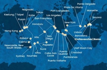 Taliansko, Francúzsko, Španielsko, Portugalsko, z Praia da Vitória, USA, Bahamy, Panama, Kostarika, Guatemala, Mexiko, Francouzská Polynésie, Fiji, Nová Kaledonie, Austrália, Papua Nová Guinea, Japonsko, Južná Kórea, Tchaj-wan, Čína z Civitavechie na lodi Costa Deliziosa