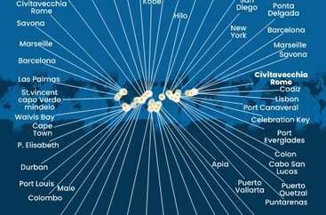 Taliansko, Francúzsko, Španielsko, Portugalsko, USA, , Panama, Kostarika, Guatemala, Mexiko, Samoa, Fiji, Tonga, Nový Zéland, Austrália, Papua Nová Guinea, Japonsko, Južná Kórea, Tchaj-wan, Čína, Vietnam, Singapur, Malajzia, Thajsko, Srí Lanka, Maledivy, Maurícius, Juhoafrická republika, Namíbia, Kapverdy z Civitavechie na lodi Costa Deliziosa