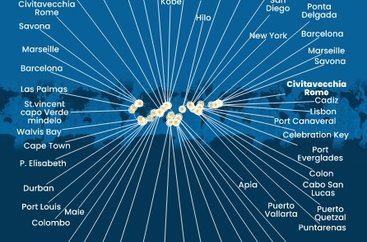 Taliansko, Francúzsko, Španielsko, Portugalsko, USA, Bahamy, Panama, Kostarika, Guatemala, Mexiko, Samoa, Fiji, Tonga, Nový Zéland, Austrália, Papua Nová Guinea, Japonsko, Južná Kórea, Tchaj-wan, Čína, Vietnam, Singapur, Malajzia, Thajsko, Srí Lanka, Maledivy, Maurícius, Juhoafrická republika, Namíbia, Kapverdy z Civitavechie na lodi Costa Deliziosa