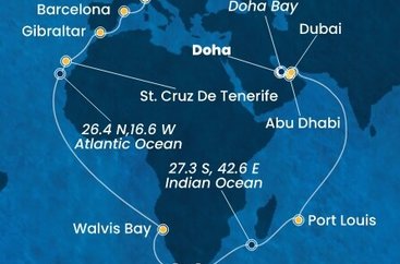 Katar, Spojené arabské emiráty, Maurícius, Juhoafrická republika, Namíbia, Španielsko, Gibraltár, Taliansko z Dohy na lodi Costa Smeralda