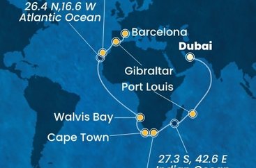 Spojené arabské emiráty, Maurícius, Juhoafrická republika, Namíbia, Španielsko, Gibraltár z Dubaja na lodi Costa Smeralda