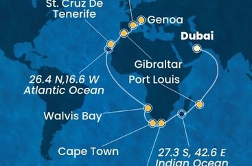 Spojené arabské emiráty, Maurícius, Juhoafrická republika, Namíbia, Španielsko, Gibraltár, Taliansko z Dubaja na lodi Costa Smeralda